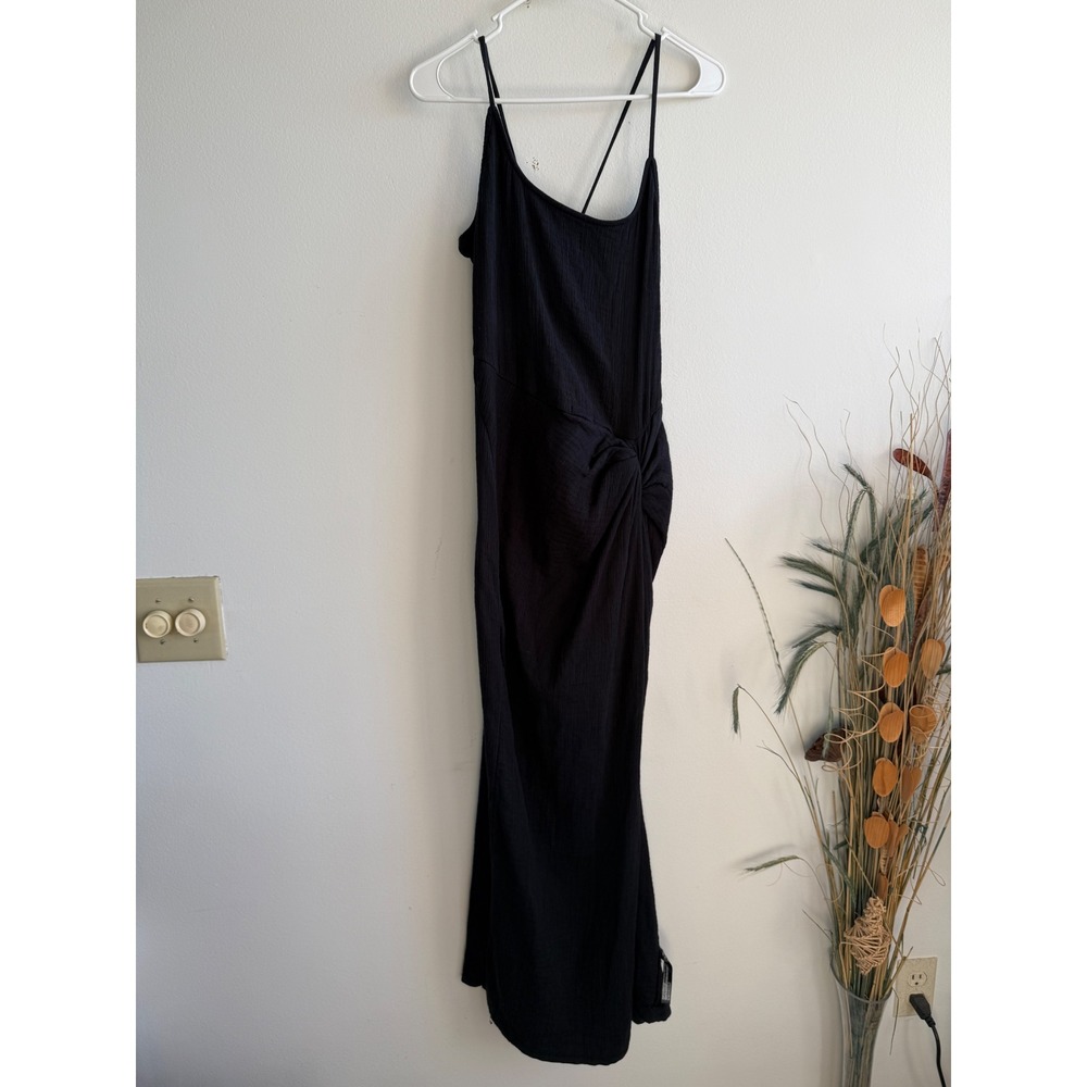 Free People Black Textured Side Knot Midi Dress Womens Medium Strappy Tie Back